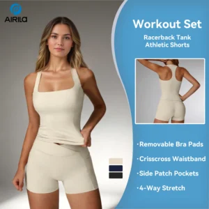 Airila 2-Piece Women's Yoga Set – Racerback Workout Outfit with Removable Pads & Pockets