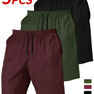 3-Piece Men's Regular Fit Solid Color Drawstring Waist Sports Pants & Shorts Set